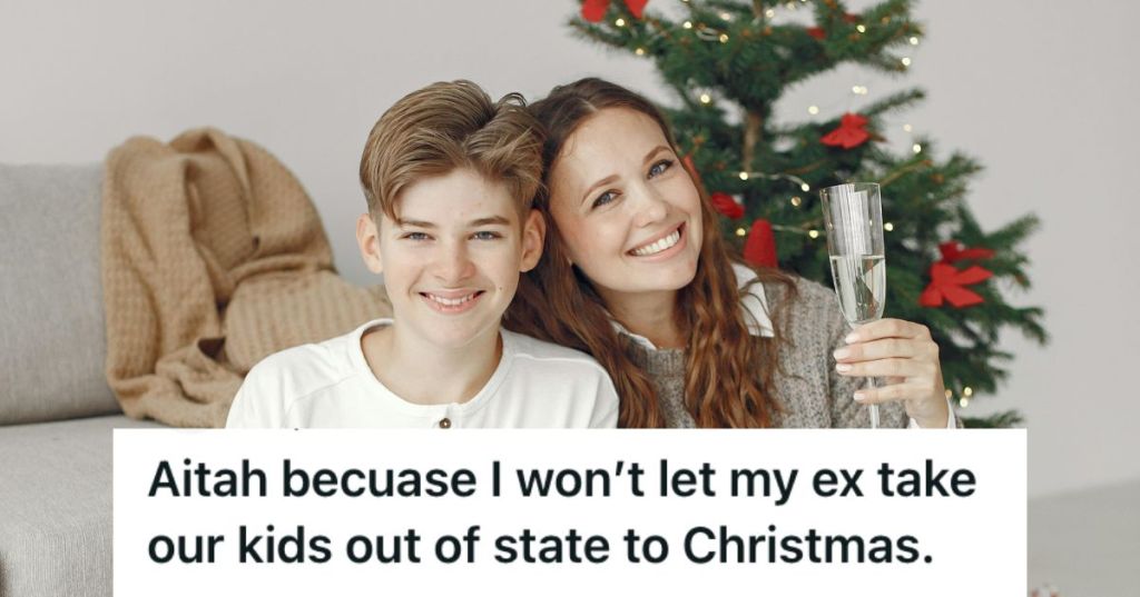 Mom and teenager son celebrating Christmas