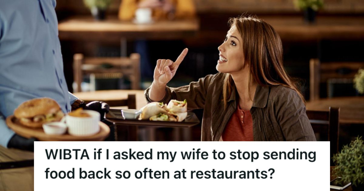 Woman talking to waiter who is holding plates of food