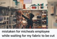 Woman Was Waiting At A Fabric Counter With Her Green Crocheted Vest, So She Was Easily Mistaken For An Employee By A Random Customer