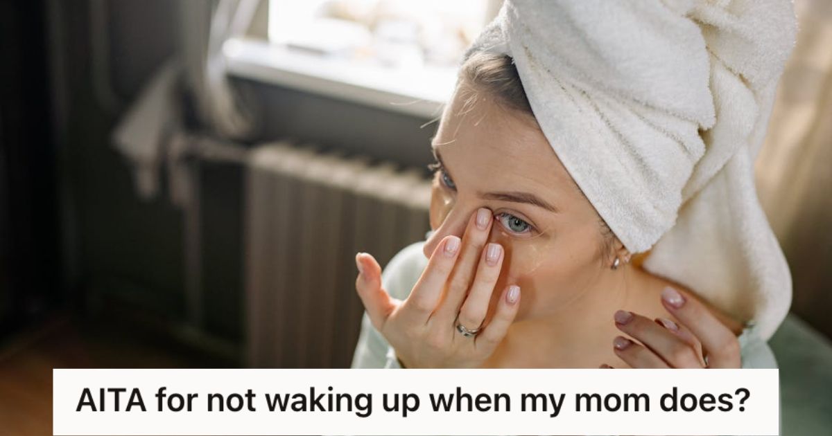 Woman with a towel on her head getting ready to leave