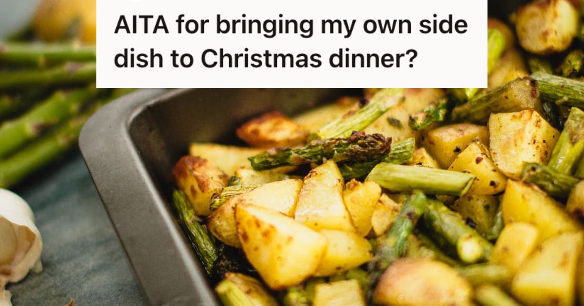 Woman Planned To Bring Her Own Baked Potato Dish To Her Family Christmas Dinner, But They All Thought She Was Being Disrespectful Baked potato with asparagus in a baking pan