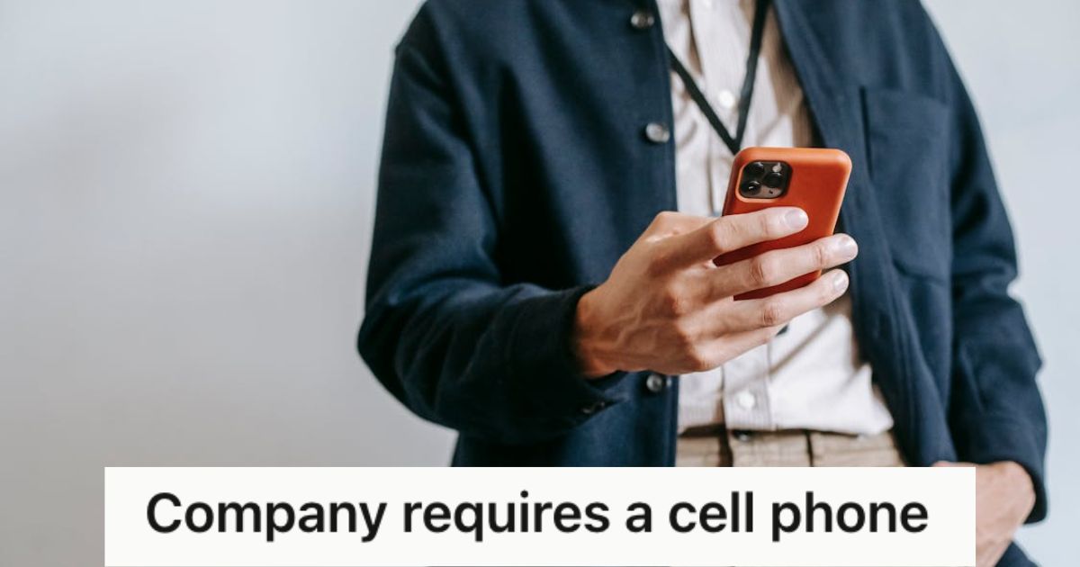 Employee with company ID using his phone