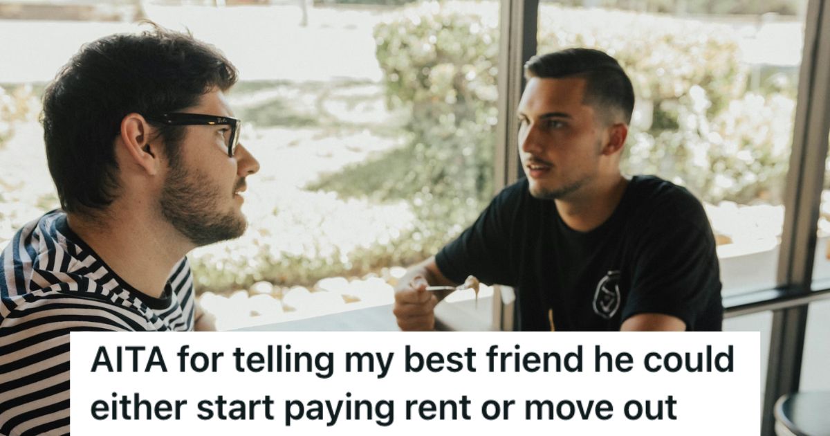 Man Let His Best Friend Live With Him And His Family As Long As He Paid Rent, So He Gave His Buddy An Ultimatum As Soon As The Payments Stopped Two men talking over while drinking coffee