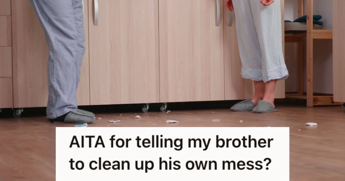 Two people standing on a messy floor