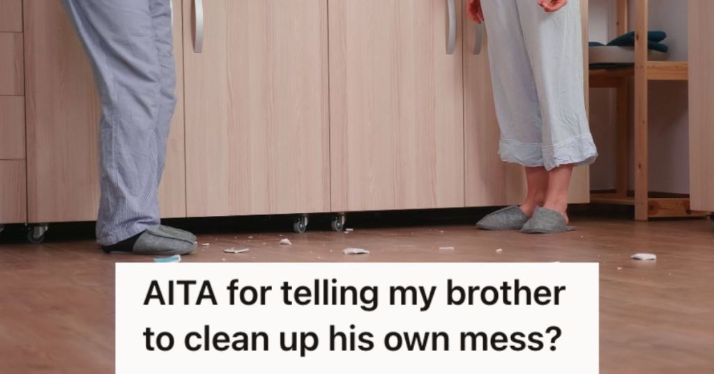 Two people standing on a messy floor