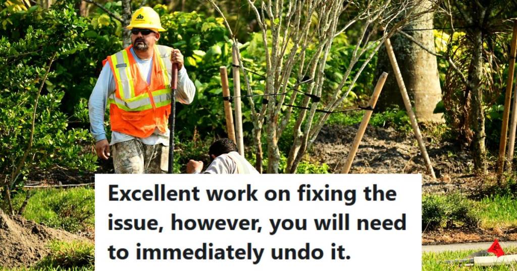 Two men outside, digging a trench to bury internet cable