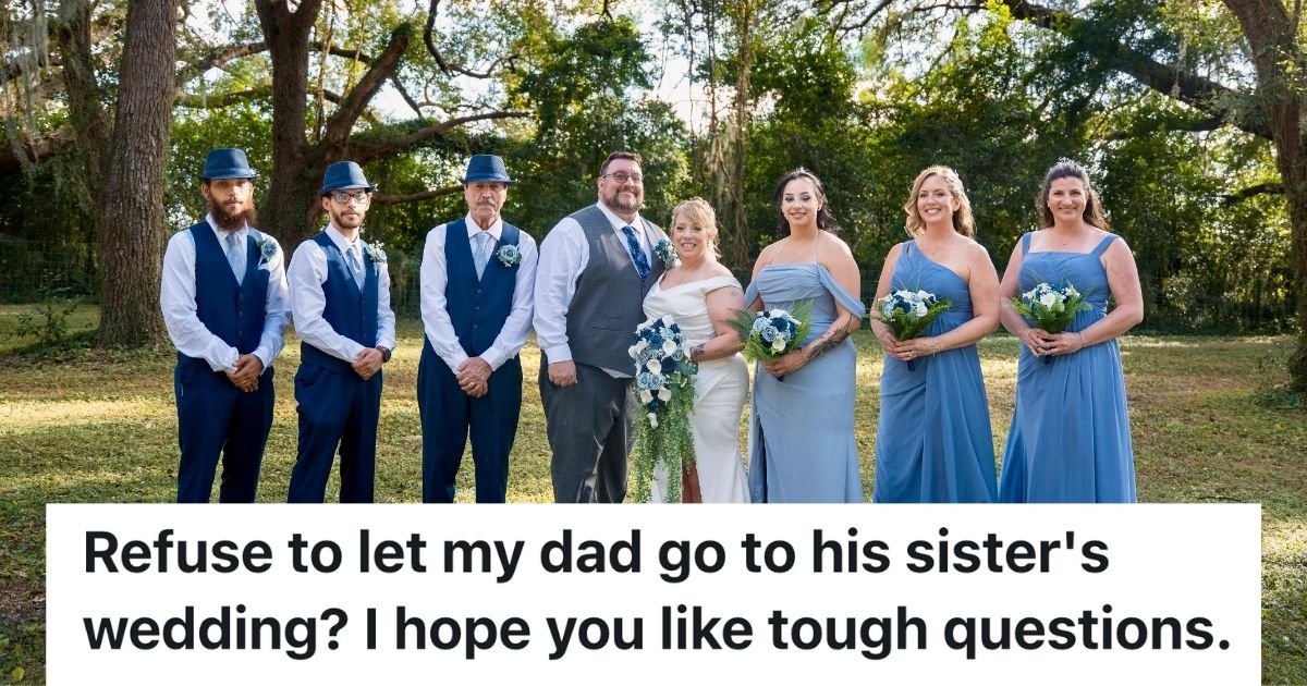 A wedding party poses outside for a portrait