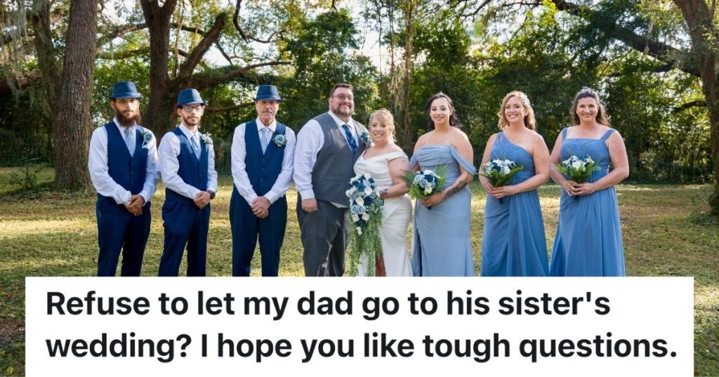 A wedding party poses outside for a portrait
