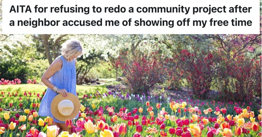 Woman walking through a field of tulips