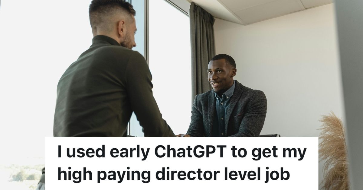 High Paid Director Leveraged ChatGPT To Get His Job, So He Feels He Got It Via Deception Instead Of Merit Two men shake hands at an office desk