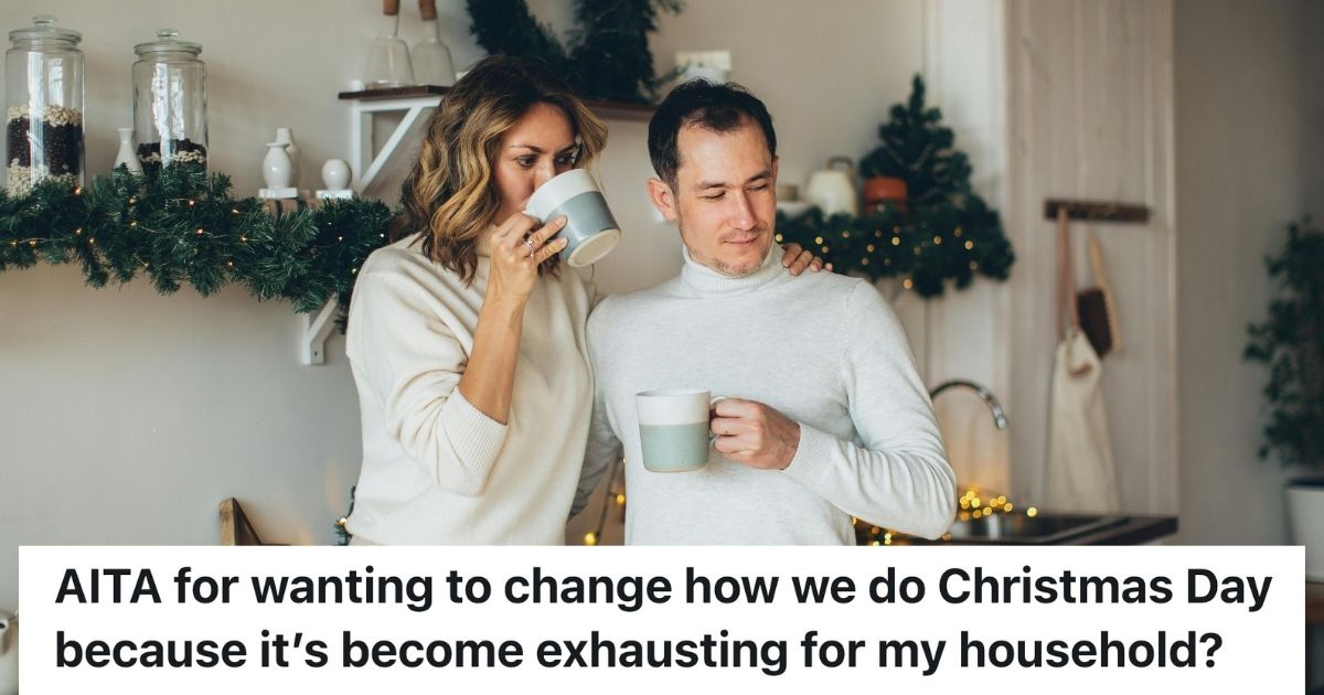 Couple drinking coffee in front of Christmas decorations