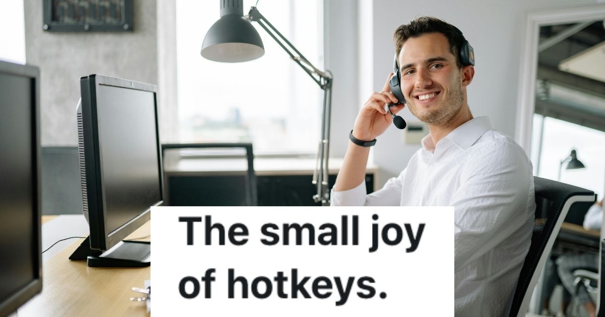 Call center worker smiles while wearing headset