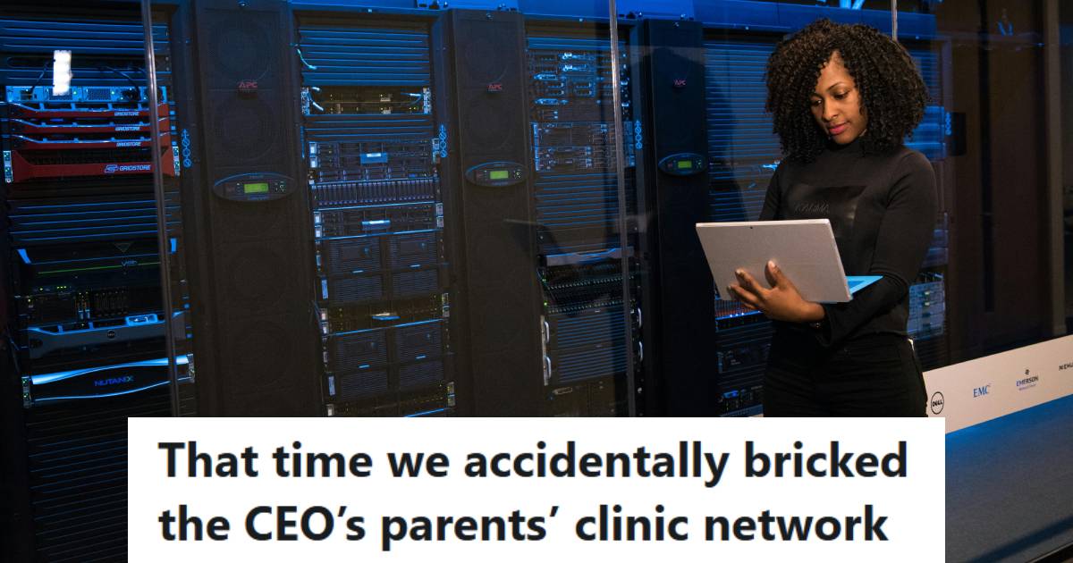 Woman standing in server room, attempting to set up a new network demo
