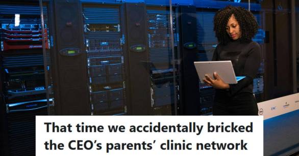 Woman standing in server room, attempting to set up a new network demo