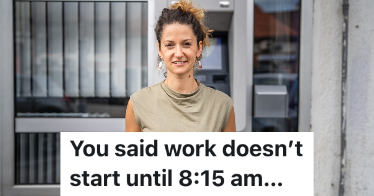 woman in front of a bank