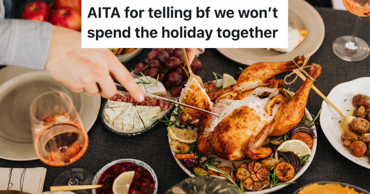 Her Boyfriends Family Wont Meet Her Kids, And She Thinks Its Her Boyfriends Fault Thanksgiving table with hands carving the turkey.