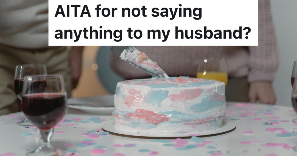 couple cutting into a pink/blue gender reveal cake