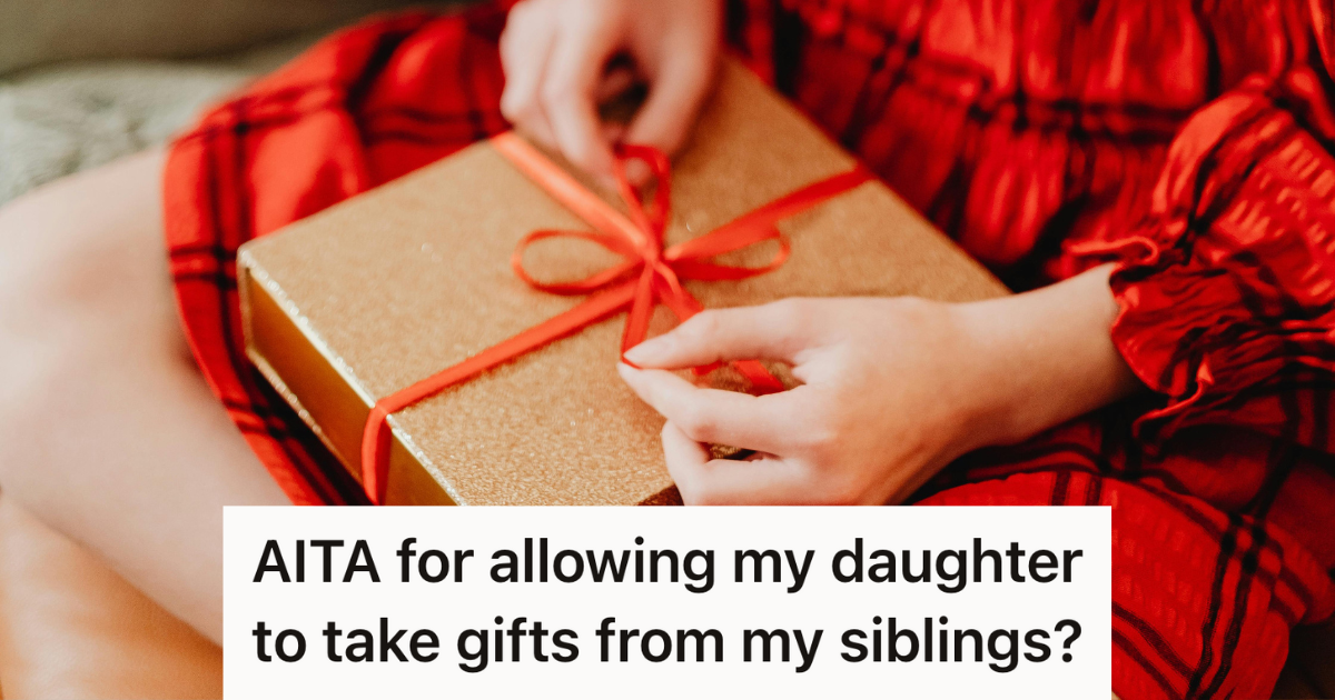 His Family Showered His Daughter With Expensive Gifts While Ignoring His Stepdaughter, So His Wife Accused Him Of Enabling Cruel Double Standards girl opening a gift with a red bow
