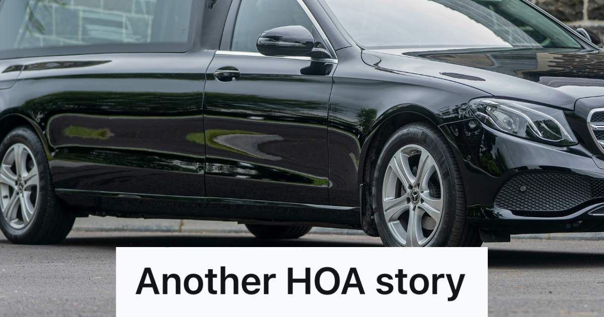 Determined Homeowner Faced An HOA Ban On Satellite Dishes, So He Mounted His On A Hearse And Parked It In Plain Sight hearse parked outside of a house