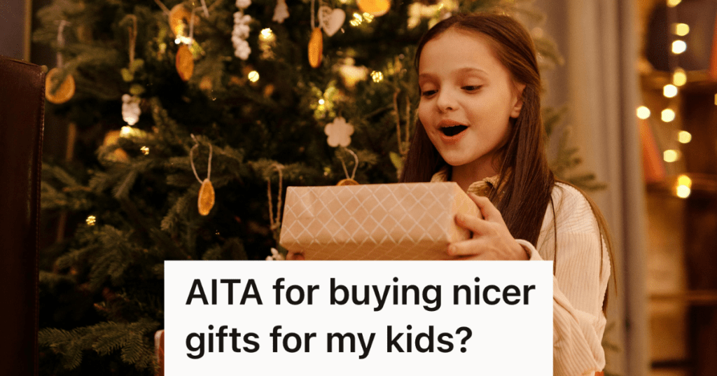 little girl opening a present under the christmas tree