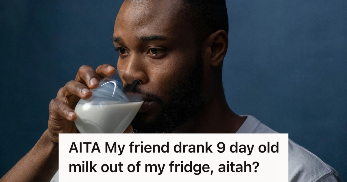 A Guest Chugged Expired Milk Without Reading The Label, So A Simple Hangout Turned Into A Blame Game man drinking a glass of milk