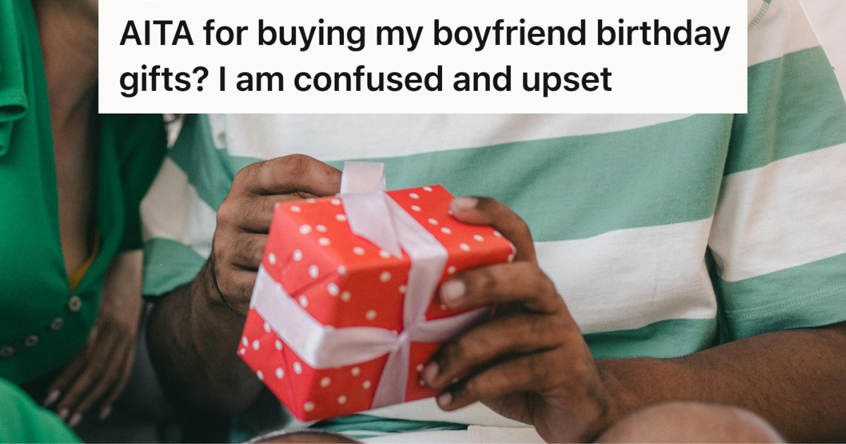 man opening a birthday gift next to his girlfriend