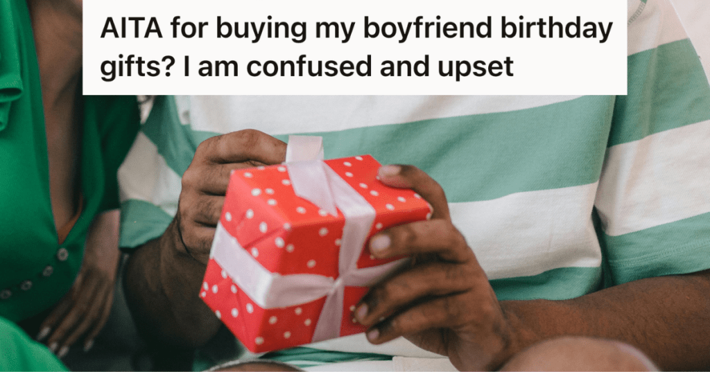 man opening a birthday gift next to his girlfriend