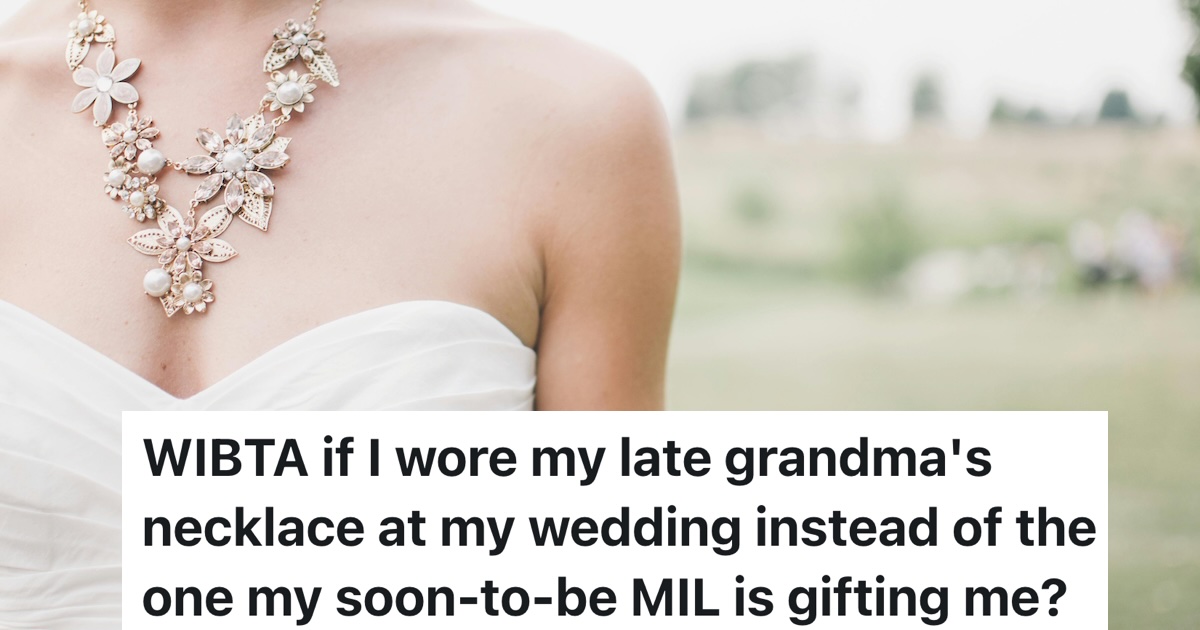 necklace on a bride wearing wedding dress