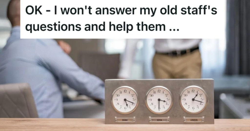 Multi-time zone clock in the foreground of an office