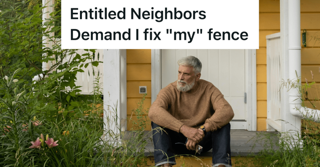 old man sitting in front of yellow house with overgrown weeds