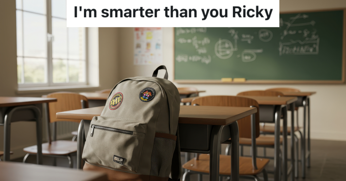 Empty classroom with backpack on desk.