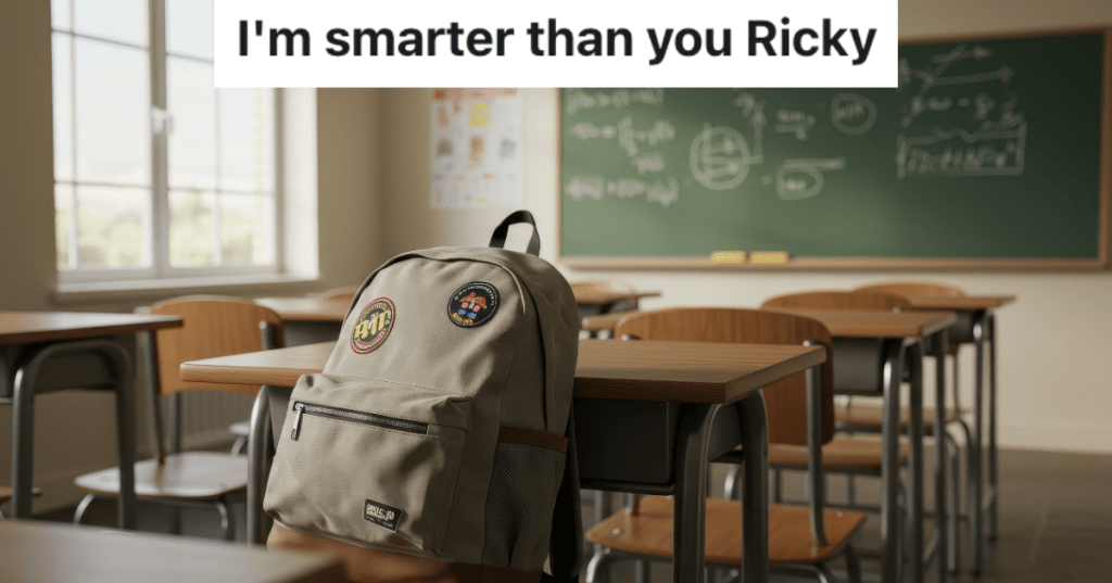 Empty classroom with backpack on desk.