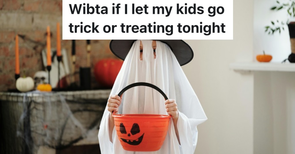 kid dressed as a ghost with a halloween pumpkin trick or treat bucket