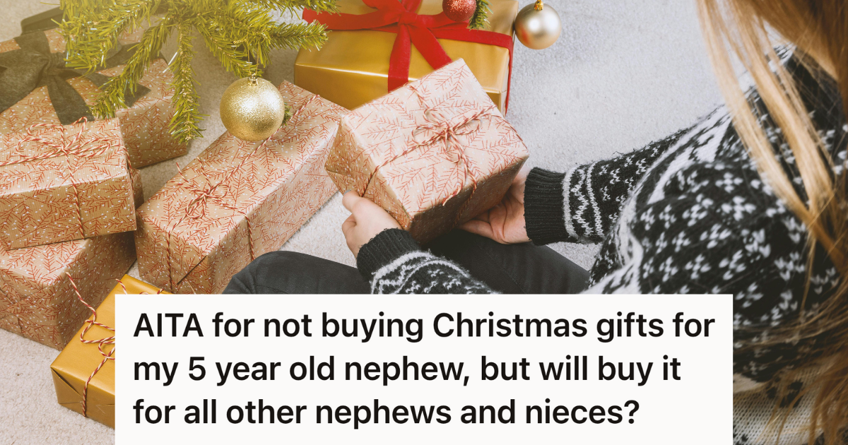 Woman Refused To Buy Expensive Gifts For A Nephew She Barely Knew, So Her Parents Accused Her Of Ruining Christmas woman holding a christmas present under the tree