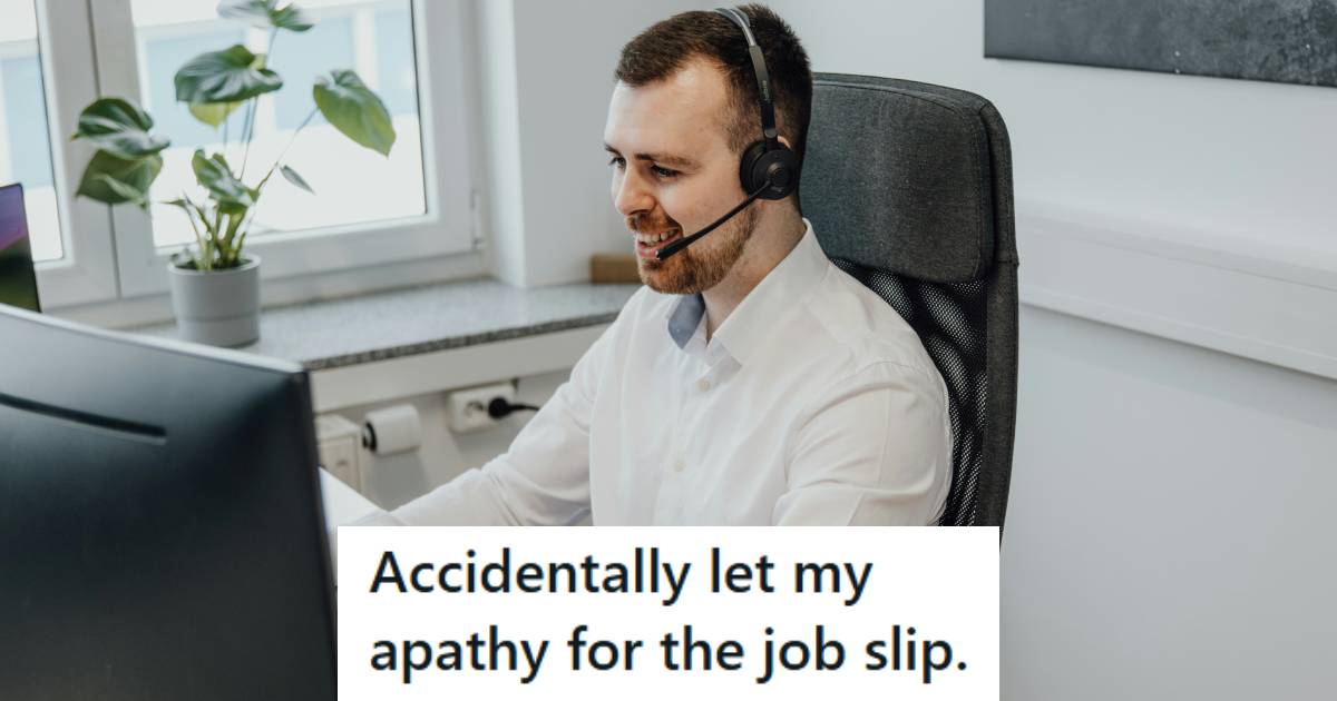Call center guy laughing with a client because he misspoke