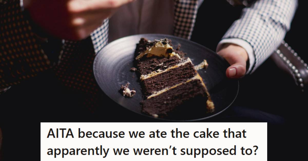 Man eating the cake that his aunt told him to take home for his father