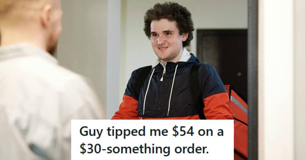 Pizza delivery driver smiling so big because someone gave him a huge tip