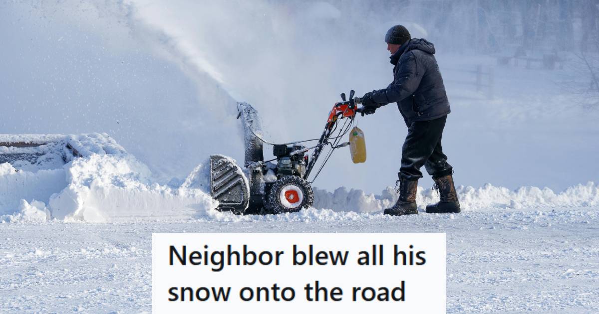 Man in Canada blowing the street snow back into his neighbor's driveway