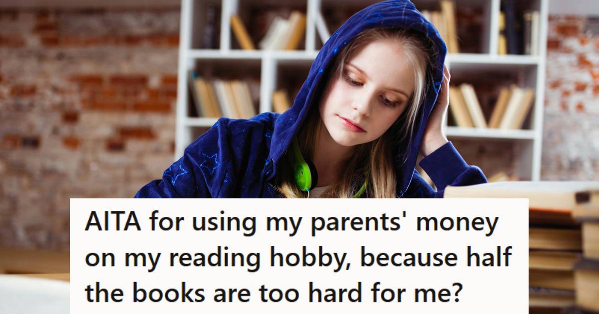 Woman sitting at a desk trying to read books that are just out of her comprehension level