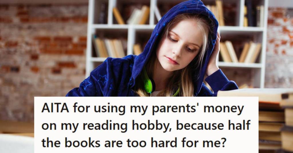 Woman sitting at a desk trying to read books that are just out of her comprehension level