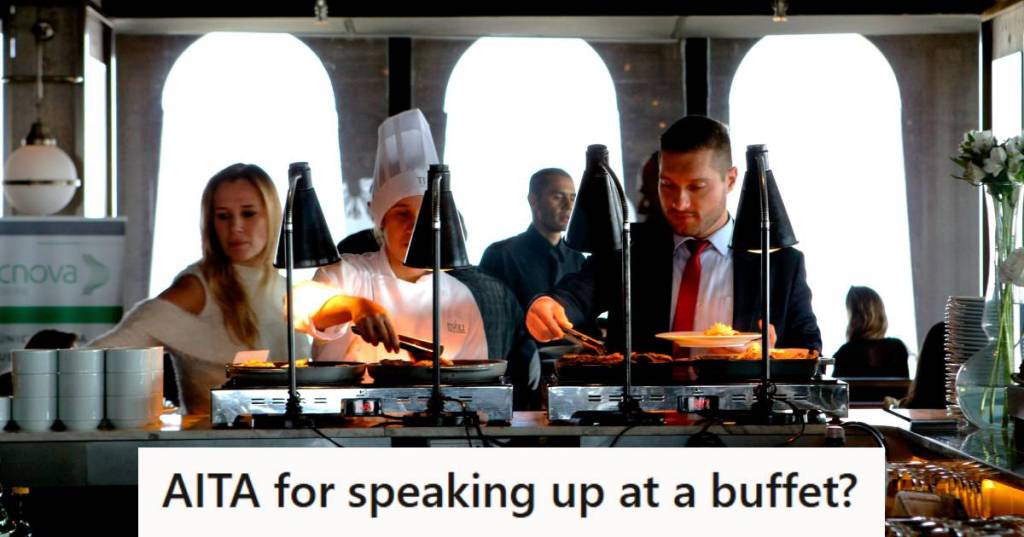 Man and woman trying to get short ribs from the food buffet