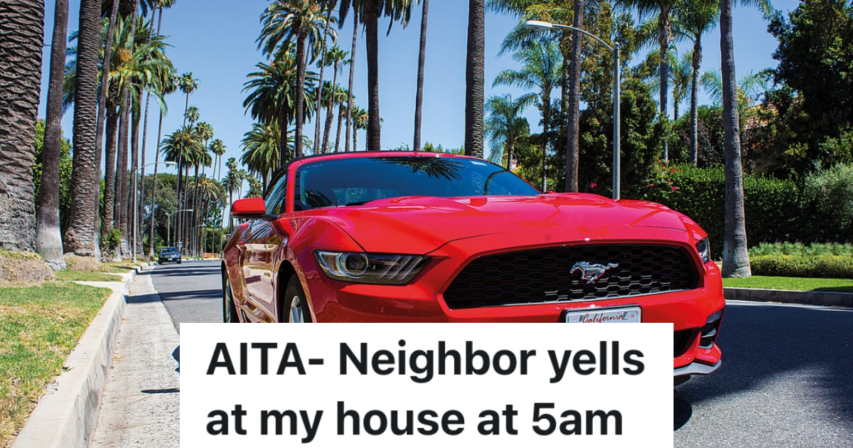 Homeowner Complains About Neighbors Loud Car Waking Him Up In The Morning, So The Neighbor Is Thinking About Reporting Him To The HOA red mustang car on a street lined with palm trees