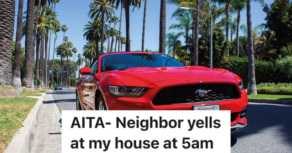 red mustang car on a street lined with palm trees