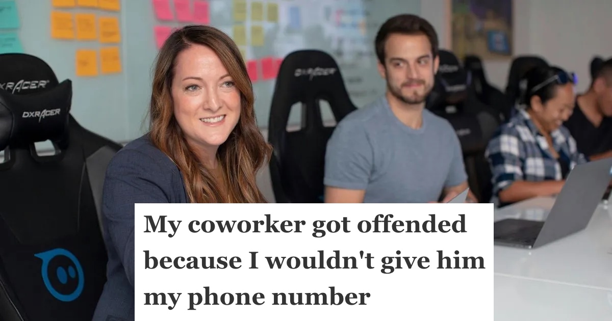 Employee Said No When Her Coworker Asked For Her Personal Phone Number, But Now Hes Getting Other Employees To Give Her A Hard Time coworkers sitting at a table