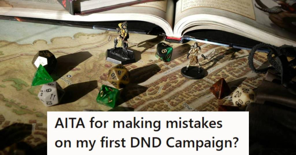 Dungeon Master book laying open with DND pieces and dice lying about