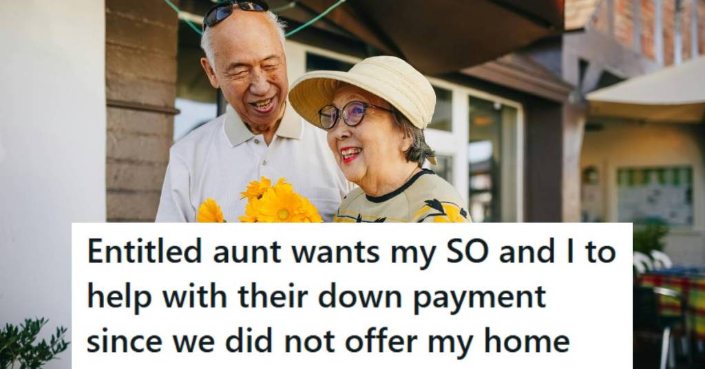 Older Asian couple bringing flowers to woo their nephew