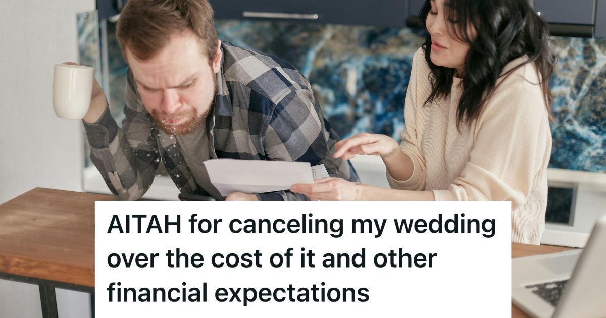 His Fiancée Wanted An Expensive Wedding And For Him To Cover All Costs, So He Decided To Break Off The Engagement Shocked man looking at papers a woman is holding