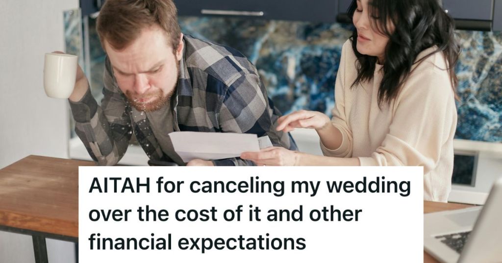 Shocked man looking at papers a woman is holding