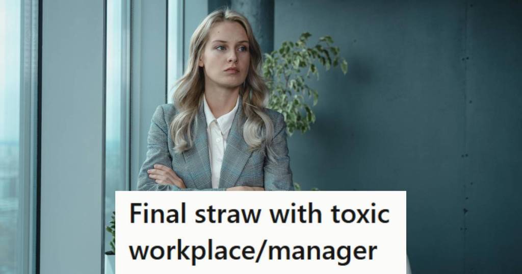 Blonde woman standing by a window getting ready to walk out of work
