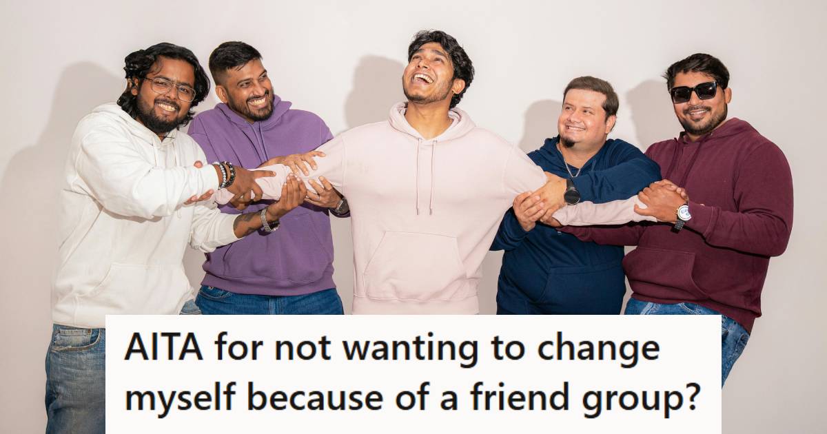 Man being pulled in several directions by his friend group